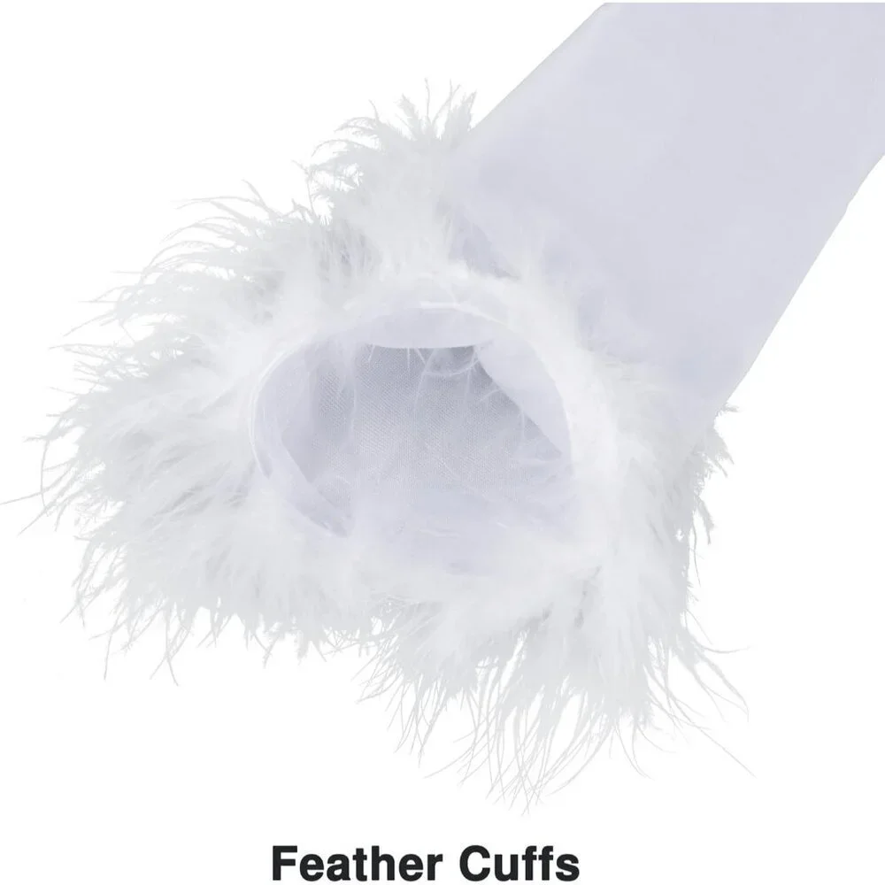 Women's Long Elbow Length White Satin Feather Trim Evening Gloves Tea Party